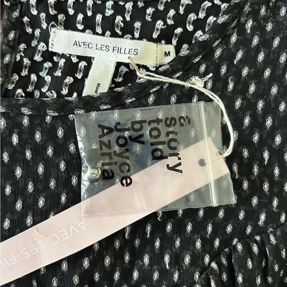 NWT Avec Les Filles Sheer Ruffle Blouse Size Medium Black & White Dot - Picture 6 of 10